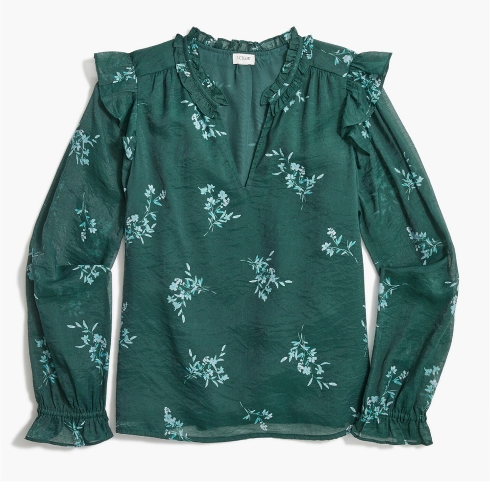 NWT J. Crew Factory Women's Ruffle-Collar V Neck Blouse Top Green Floral PL